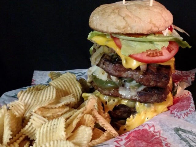 Sporty's Wing Shack Triple Garbage burger